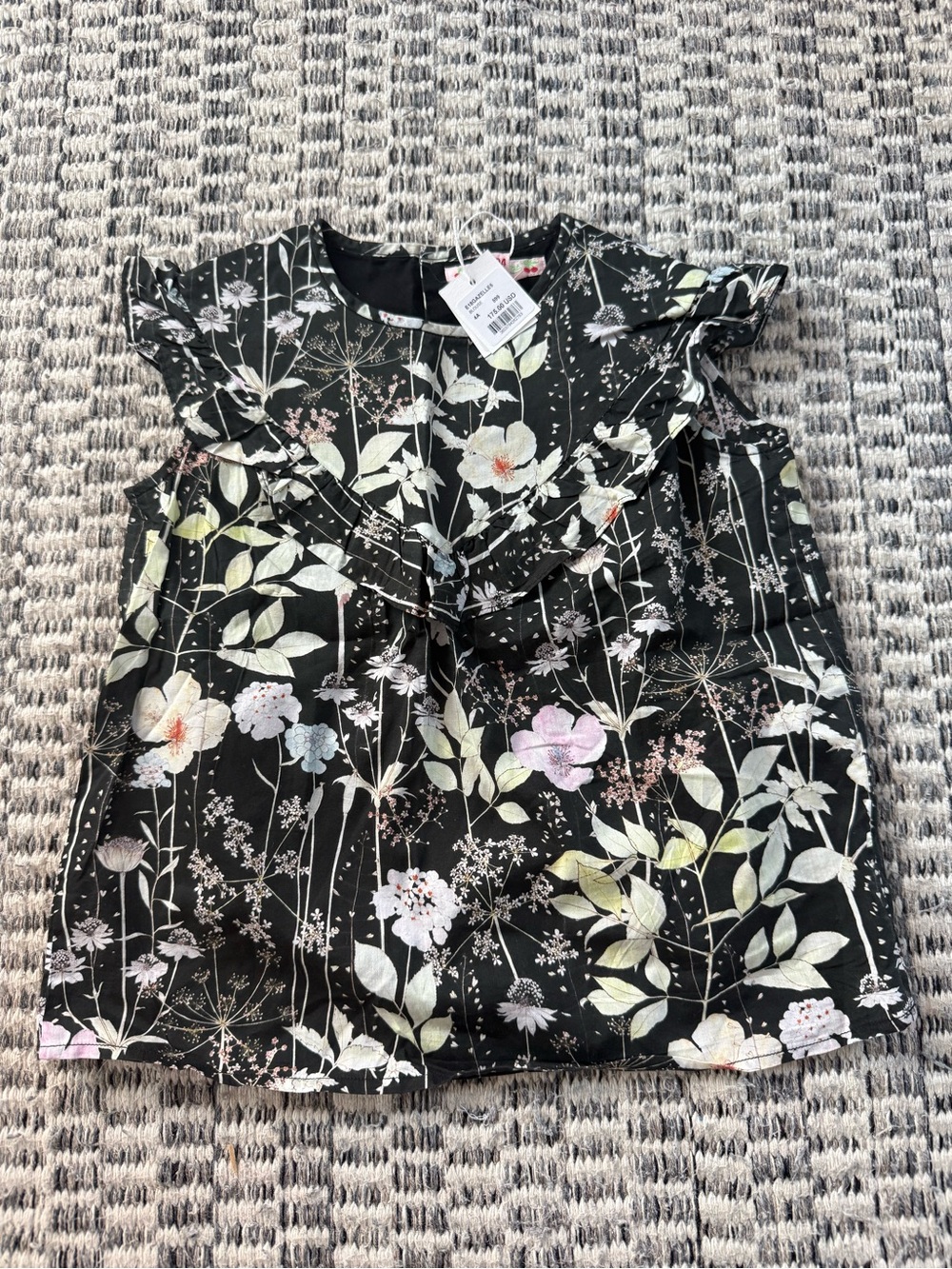 NWT Bonpoint Black Floral Ruffle-Trim Top Size 4
